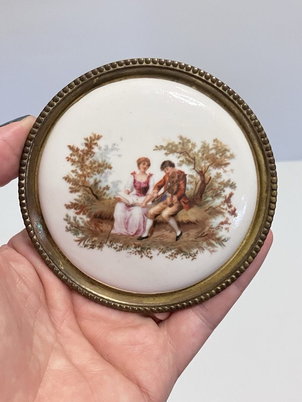 Antique Large Brass Porcelain Curtain Tieback 3.5” Rococo Medallion Holdback